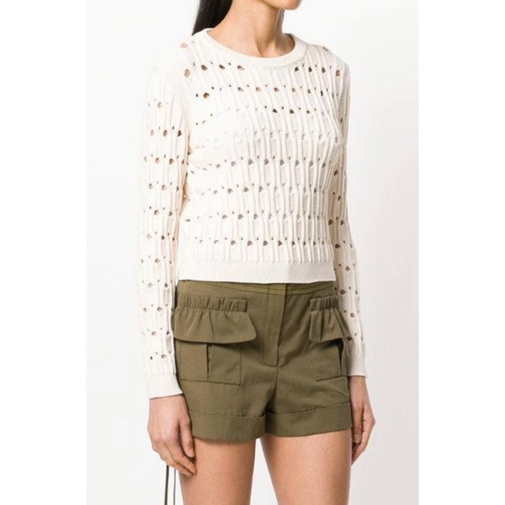 CARVEN • Cream Pointelle Open Work Cable Knit Sweater, M